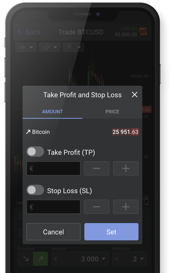 product modal with take profit and stop loss on phone device