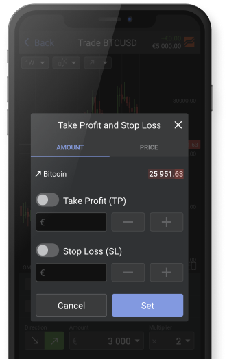 product modal with take profit and stop loss on phone device
